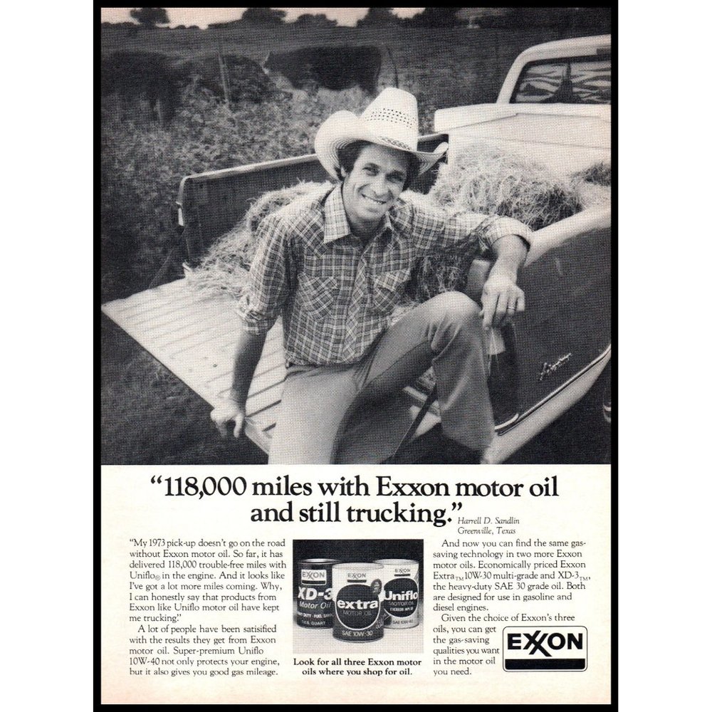 1981 Exxon Motor Oil Vintage Print Ad Farmer Pickup Truck Hay Bales Wall Art
